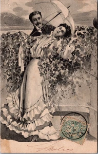 Beautiful Art Nouveau Romantic Couple Love and Romance Umbrella Postcard B269 - Picture 1 of 2