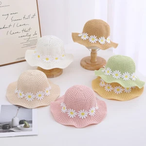Toddler Girls Summer Straw Hat with Flowers Kids Wide Brim Anti-UV Beach Sun Hat - Picture 1 of 18