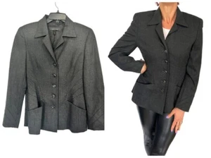 ESCADA CHARCOAL GRAY WOOL STRETCH CHECH BUTTONS PIPING DETAIL BLAZER JACKET 36 6 - Picture 1 of 15
