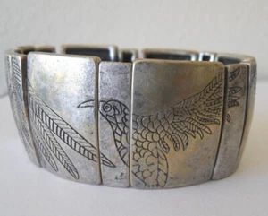 Pewter 1.5" Paneled Cuff Stretch to fit Bracelet Engraved Hawk & Leaves - Picture 1 of 4