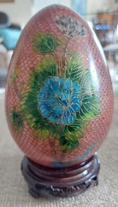 BEAUTIFUL ANTIQUE CHINESE PLIQUE-A-JOUR LARGE EGG ON CARVED STAND - Picture 1 of 12