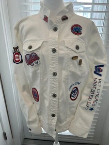 Custom WOMENS CHICAGO CUBS Denim Jacket Patches, Stitching & Pins! SZ XL - Picture 1 of 18