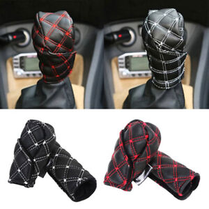 2pcs Car Faux Leather Gear Shift Knob Cover Hand Brake Cover Protect Accessories