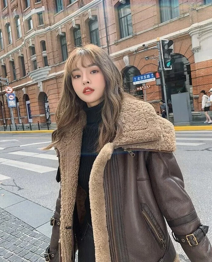 Women's B3 Bomber Shearling Sheepskin Leather RAF Aviator Jacket with Fur Collar — 第 1/4 张图片