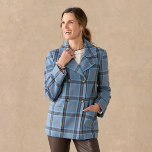 Sundance Blue Plaid Double-Breasted Rift Valley Coat Peacoat Academia Size M - Picture 1 of 7