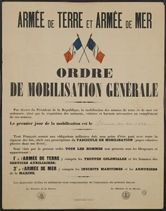 PLAQUE MÉTAL  GUERRE MONDIAL ORDRE DE MOBILISATION GENERALE   30 X 20 CM - Imagen 1 de 4
