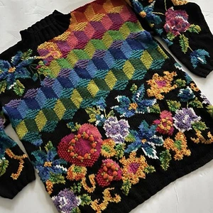 Vintage Geometric Op Art Multicolor Flower Chunky Hand Knit Sweater - Picture 1 of 16