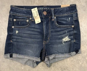Pantaloncini corti denim American Eagle taglia 6 nuovi con etichette elasticizzati con polsini invecchiati - Foto 1 di 6