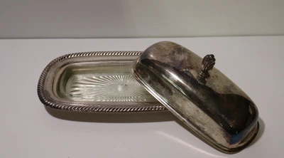 Plato de mantequilla cubierto de 3 piezas plateado Wm Rogers 887 de colección con inserto de vidrio y tapa Foto 1 de 4