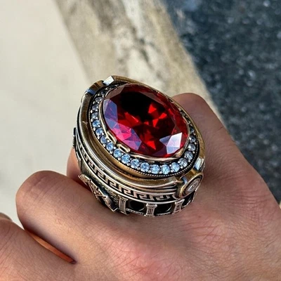 925 Sterling Silver Mens Silver Ruby Stone Ring, Large Deep Ruby Ring - Image 1 of 4