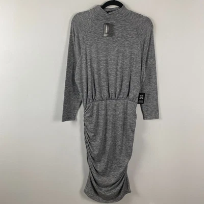 Express Heather 灰色模拟高领长袖褶皱针织连衣裙 S 码 — 第 1/4 张图片