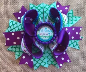 Purple Green I'd Rather Be A Mermaid Bottle Cap Hair Bow 5" - Picture 1 of 2