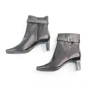 MARKON Womens Sz 9.5M Black Leather High Block Heel Fashion Ankle Boots Booties - Picture 1 of 12