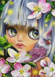 Edición Limitada IMPRESIÓN ACEO Adorable Pájaro de Hadas Flor Manzana Luciérnagas M. Mishkova - Imagen 1 de 1