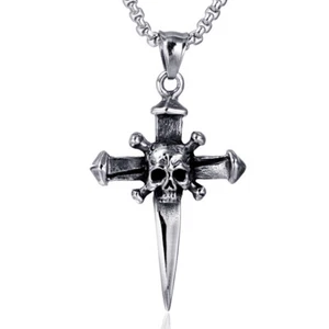 Mens Stainless Steel Gothic Biker Skull Cross Pendant Necklace For Men - Picture 1 of 7