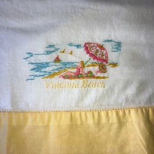 VIRGINIA BEACH 50’s Cotton Hand Embroidered Lady Beach Pillowcase Souvenir Rare - Picture 1 of 8