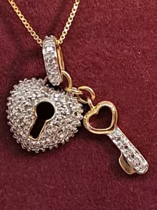 Sterling Silver Heart Lock & Key Pendant w/ Accent 4 Diamond & Rope Chain, 18” - Picture 1 of 6