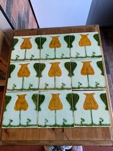 Lot of 9 Antique Victorian Ceramic Tile Tulip Art Nouveau. Made in England - Picture 1 of 13