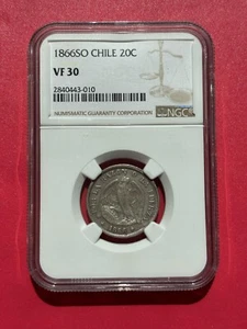 Chile 20 centavos 1866 NGC VF30 Silver Coin - Picture 1 of 3