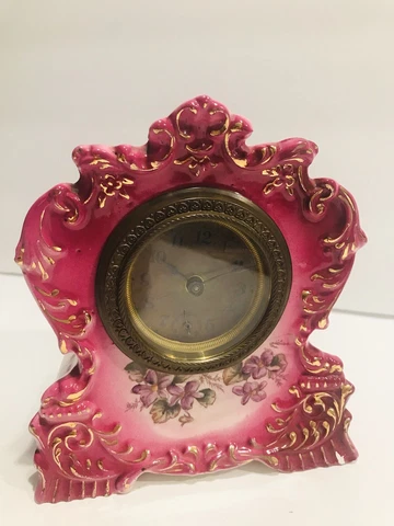 Antique Rare 6” Porcelain Boudoir W.Gilbert Clock Marked Fern Hand Painted Cover