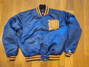 Vintage Detroit Tigers MLB Blue Satin Starter Baseball Jacket Snap Bomber Large - Picture 1 of 11
