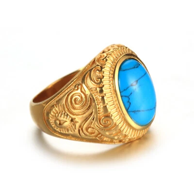 Retro Blue Oval Turquoise Gold Plated Wedding Ring Titanium Men Women Biker Ring - Image 1 of 4