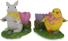 Set of Chick and Bunny Carrying Easter Egg Holder Figurines 5 Inches
