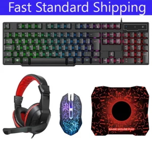 4IN1 Mouse Keyboard Gaming And Headset Headphones Led Pad Backlit Wired Rainbow - Picture 1 of 7