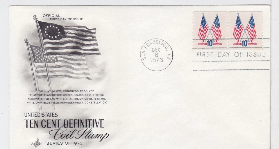 TurtlesTradingPost- Crossed Flag 10 Cent  -1973 FDC #1519- Artcraft  Coil Pair - Image 1 of 1