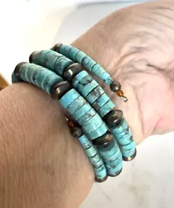 Vintage abgestuftes Türkis Heishi & Sterlingsilber Perlen Wickelarmband, Indianer - Bild 1 von 6