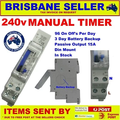 Timer 24 Hour Din Rail Mount 240v 16A 100 hour Battery Backup Module  - image 1 of 4