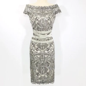 Tadashi Shoji Dress Sz 12 Off Shoulder Silver Cord Embroidery Ribbon Waistband - Picture 1 of 14