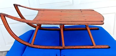 Antique Primitive 19th Century Child's Orange Painted Sled Signed and Dated 1888 - Image 1 of 4