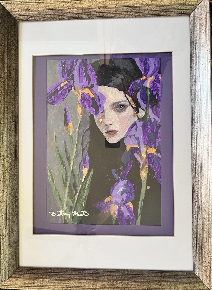 Dark Haired Girl With Purple Irises Painting By Brittony Martin - Image 1 of 4