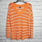 Talbots Sweater Large V Neck Open Knit Long Sleve Orange White Tunic Beach Cover