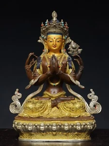 12" China antiguo Tíbet Budismo Tibetano Templo Bronce Dorado Cuatro Brazos Estatua Guanyin - Imagen 1 de 9