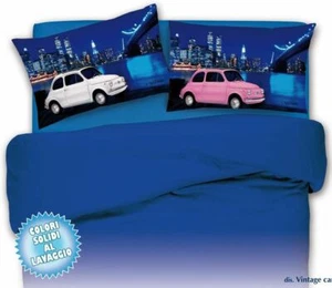 PARURE COPRIPIUMINO una piazza e mezza 1 1/2 500 cars bianco rosa blu 100%cotone - Foto 1 di 1