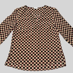 Akris Punto Blouse Women’s 6 Silk Top Chess Check Camel Black Ruby Split Collar - Picture 1 of 11