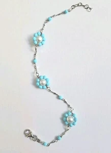 Bracciale in argento 925 con fiori di pasta di turchese e perle bianche - Foto 1 di 4