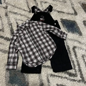 VTG Black Corduroy Bib 12M Overalls Plaid Shirt 18M Set ￼Sz Children’s Place - Picture 1 of 9