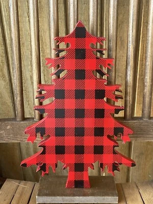 Red & Black Buffalo Check Wood Farmhouse Tree Medium NEW - Image 1 of 4