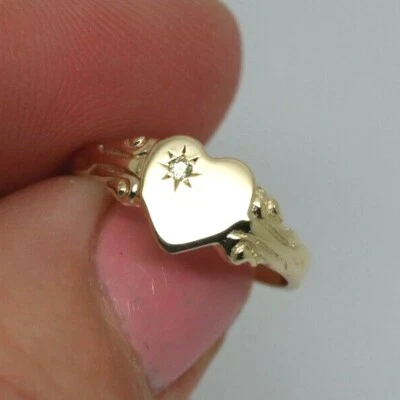 Size J Solid Genuine 9ct 9kt Yellow Gold Heart Signet Ring Diamond Ring - Image 1 of 4