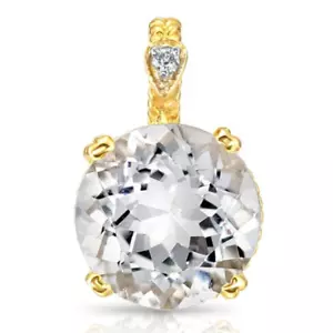 14K Solid Yellow Gold 5 Ctw Natural Clear Quartz Gemstone Diamond Pendant Charm - Picture 1 of 7