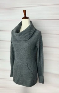 Suéter largo gris cachemir aguamarina túnica capucha cuello canguro bolsillo talla M US6 - Imagen 1 de 13