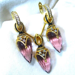 Sterling Silver Amethyst Faberge Teardrop Jewelry Set Crystals Enamel Gold-plate - Picture 1 of 12