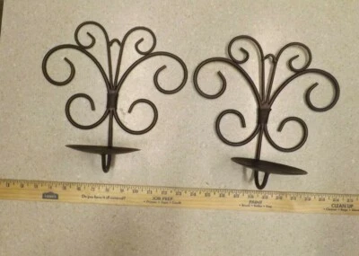2 Pc. Metal Wall Sconces Candle Holders,Brown Iron 11" x10" Pillar or Ball Style - Image 1 of 2