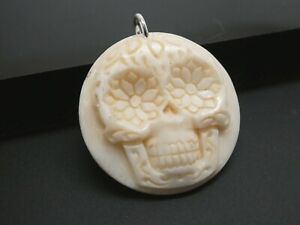 Skull Day of the Dead Sterling 925 Round Bubalus Bubalis Bone Pendant Necklace 