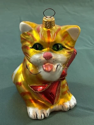 Vintage Polonaise Orange Tabby CAT WITH RED BOW Blown Glass Ornament 1995 - Image 1 of 4