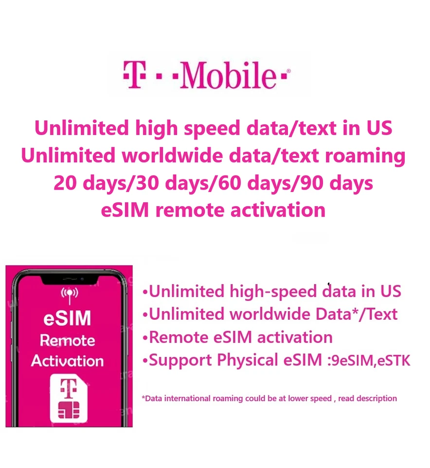 T-Mobile USA unlimited data/SMS, unlimite world roaming data/SMS eSIM activation - Image 1 of 1