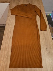 boohoo womens size 12 light brown ribbed midi dress bodycon wiggle - Picture 1 of 8